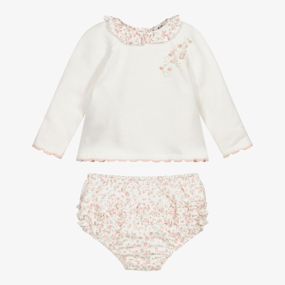 Sarah Louise-طقم شورت قطن لون عاجي وزهري للمولودات | Childrensalon Outlet