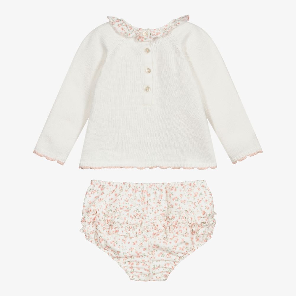 Sarah Louise-طقم شورت قطن لون عاجي وزهري للمولودات | Childrensalon Outlet