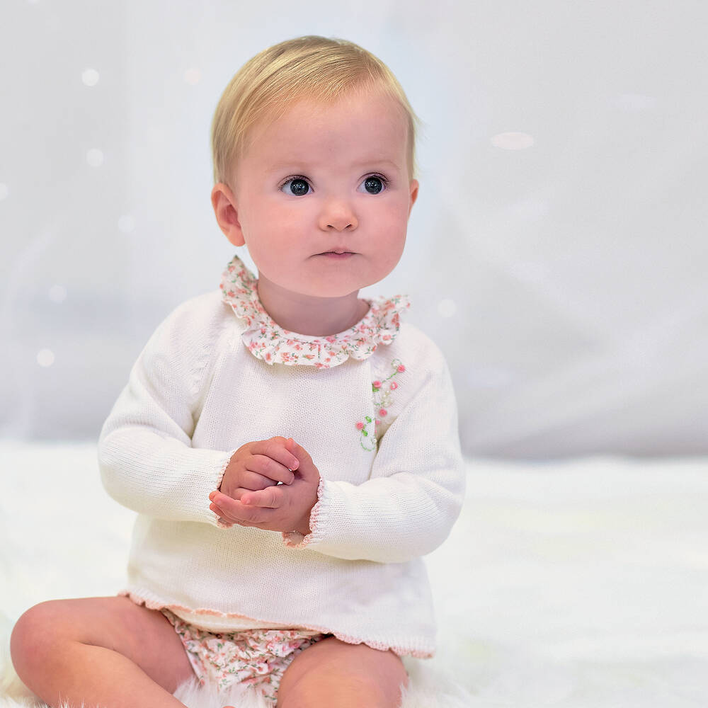 Sarah Louise-طقم شورت قطن لون عاجي وزهري للمولودات | Childrensalon Outlet