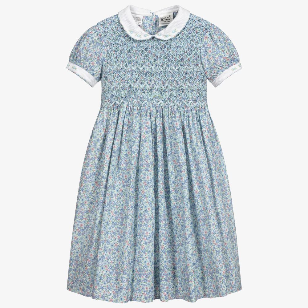 Sarah Louise - Blau geblümtes, gesmoktes Kleid | Childrensalon