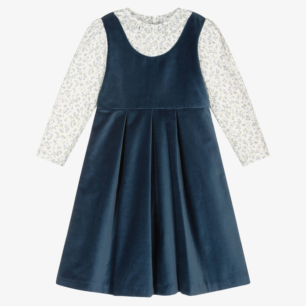 Sarah Louise - Blue Velvet & Floral Dress | Childrensalon