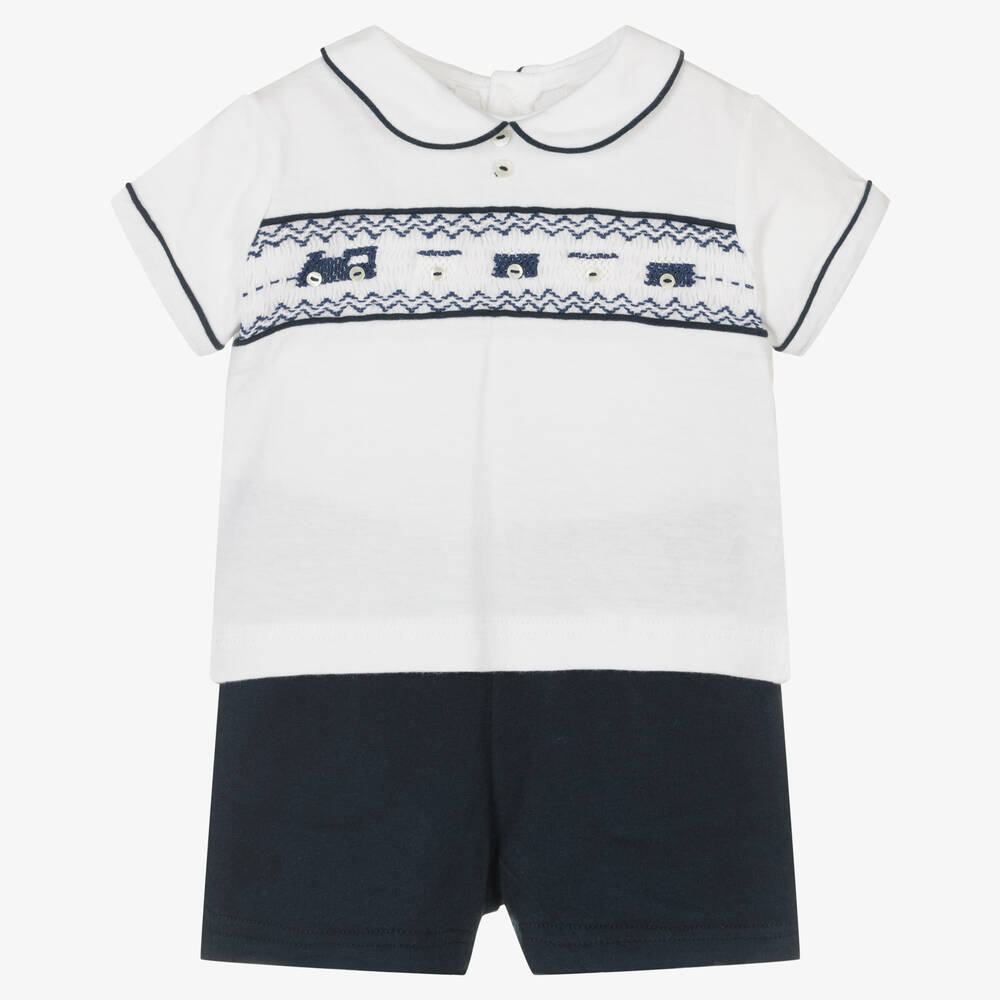 Sarah Louise - Boys Blue Smocked Cotton Shorts Set | Childrensalon