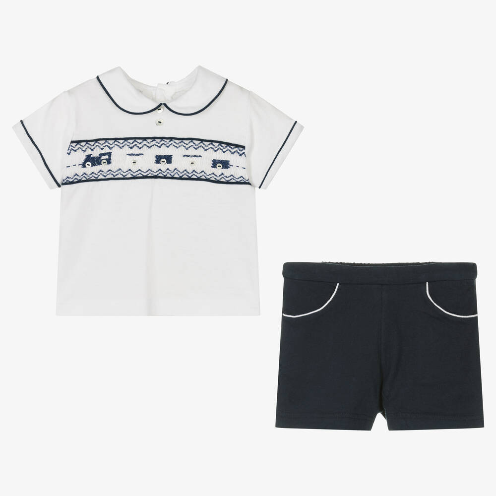 Sarah Louise-Boys Blue Smocked Cotton Shorts Set | Childrensalon Outlet
