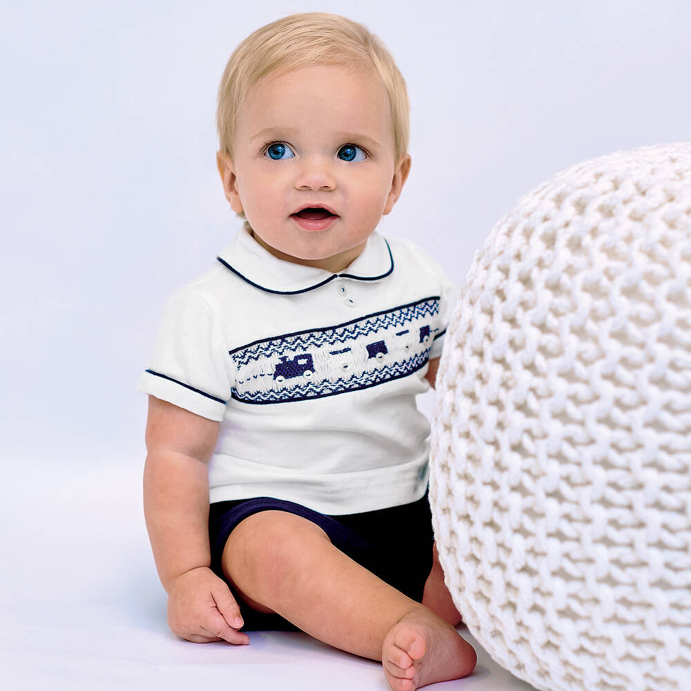 Sarah Louise-Boys Blue Smocked Cotton Shorts Set | Childrensalon Outlet