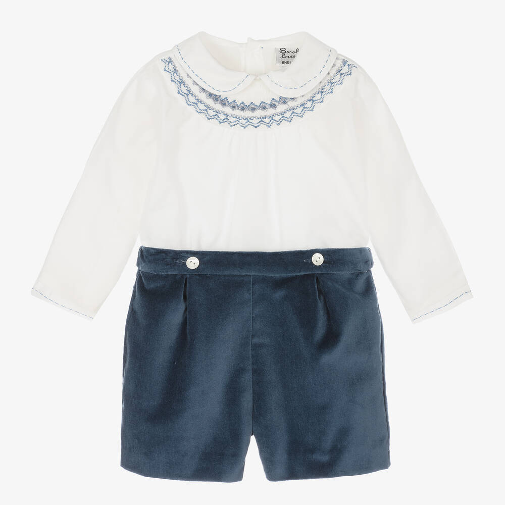 Sarah Louise-Boys Blue Velvet Hand-Smocked Buster Suit | Childrensalon Outlet