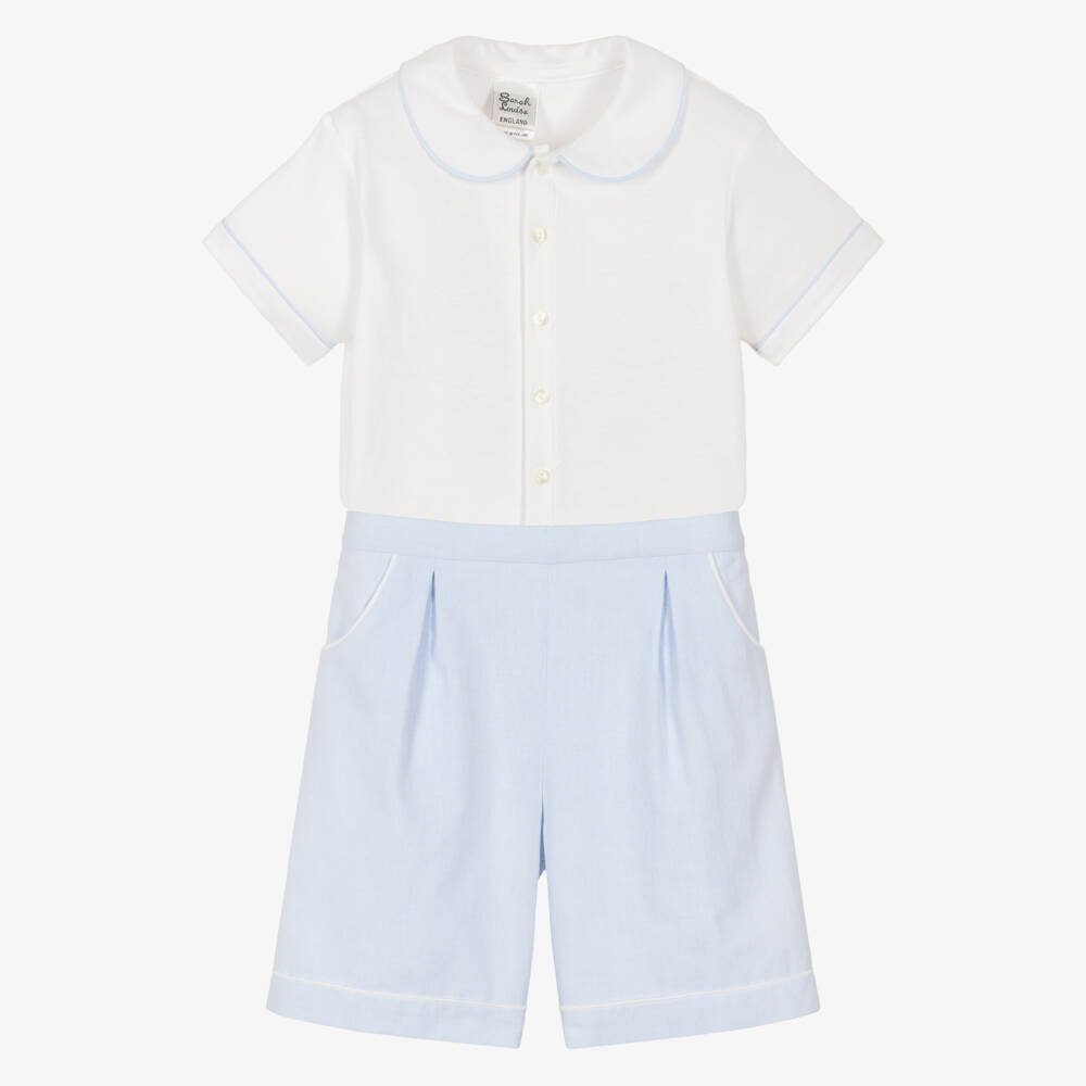 Sarah Louise-Boys Blue & White Cotton Shorts Set with Contrast Trims | Childrensalon Outlet