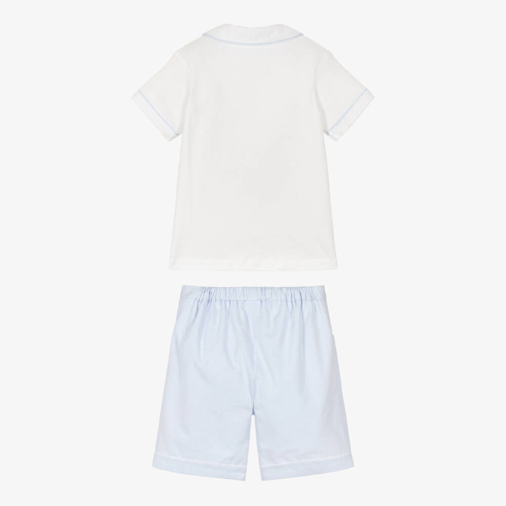 Sarah Louise-Boys Blue & White Cotton Shorts Set with Contrast Trims | Childrensalon Outlet