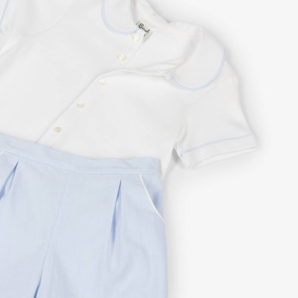 Sarah Louise-Boys Blue & White Cotton Shorts Set with Contrast Trims | Childrensalon Outlet