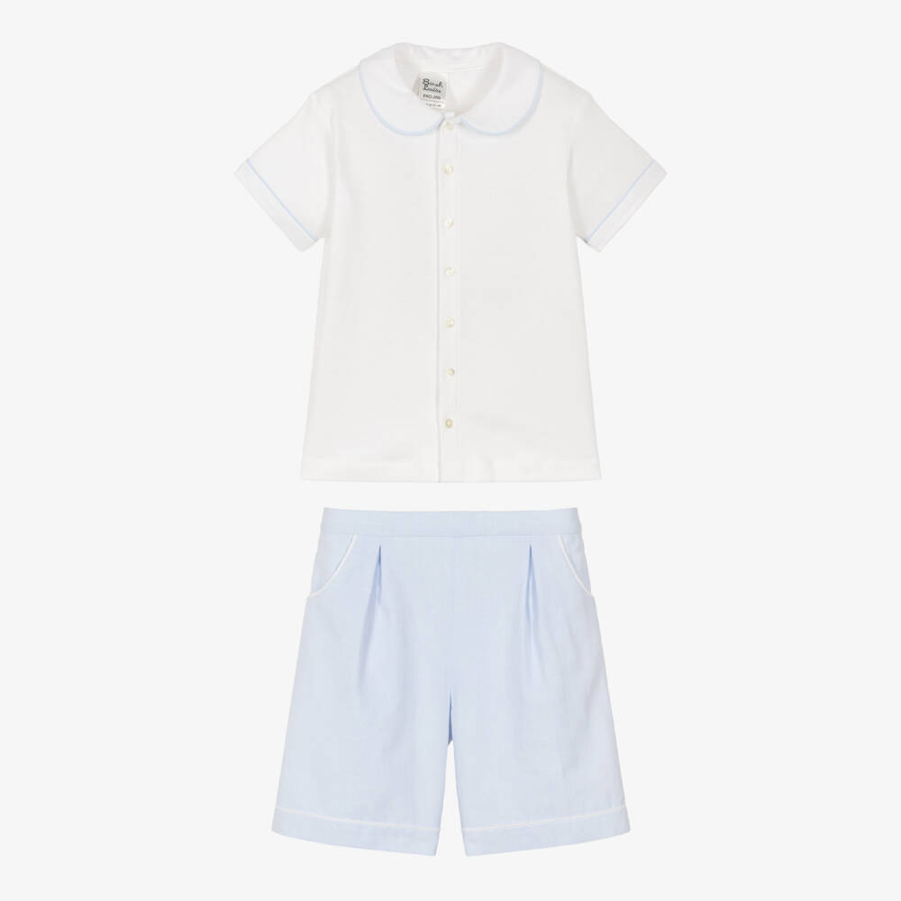 Sarah Louise-Boys Blue & White Cotton Shorts Set with Contrast Trims | Childrensalon Outlet