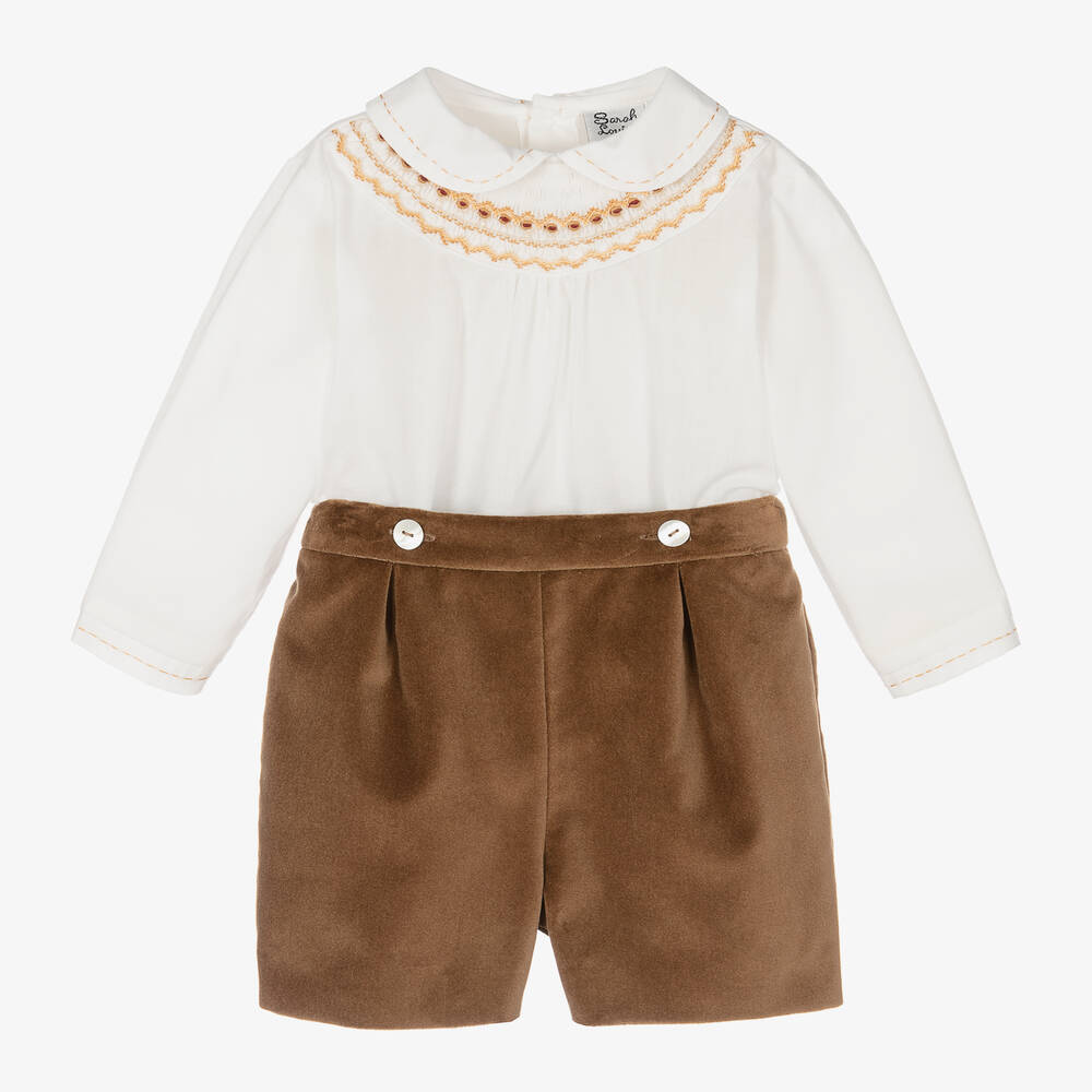 Sarah Louise-Boys Brown Velvet Hand-Smocked Buster Suit | Childrensalon Outlet