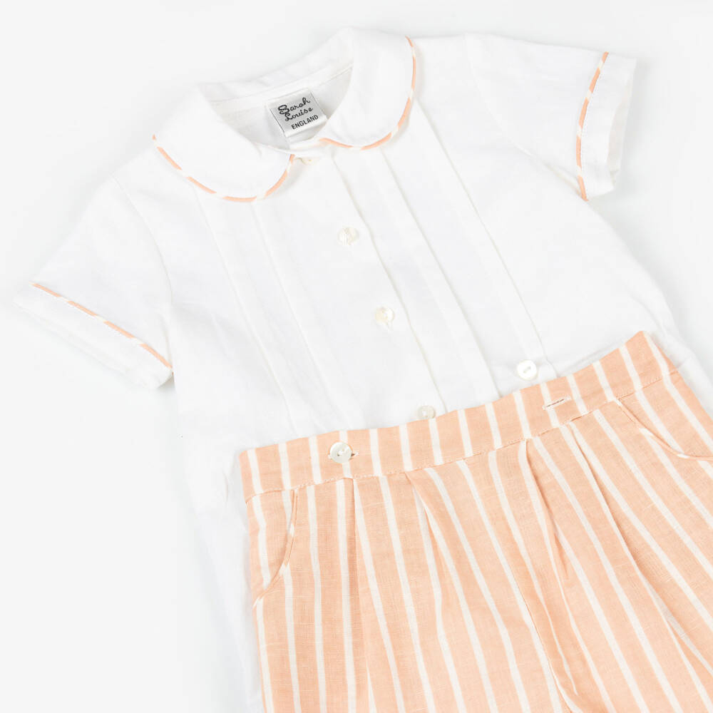 Sarah Louise-Boys Cream & Apricot Linen Two-Piece Set | Childrensalon Outlet