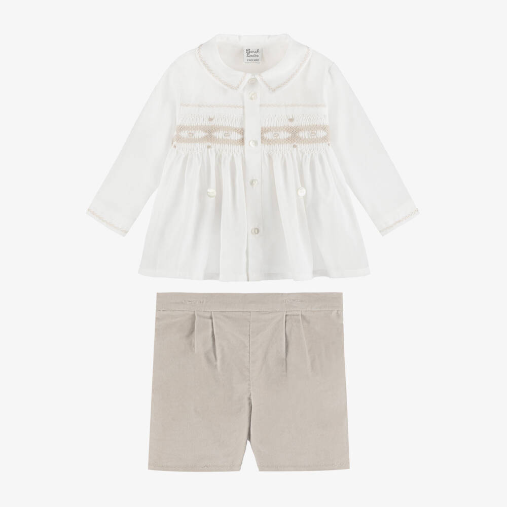 Sarah Louise-Boys Ivory & Beige Cotton & Velvet Buster Suit | Childrensalon Outlet