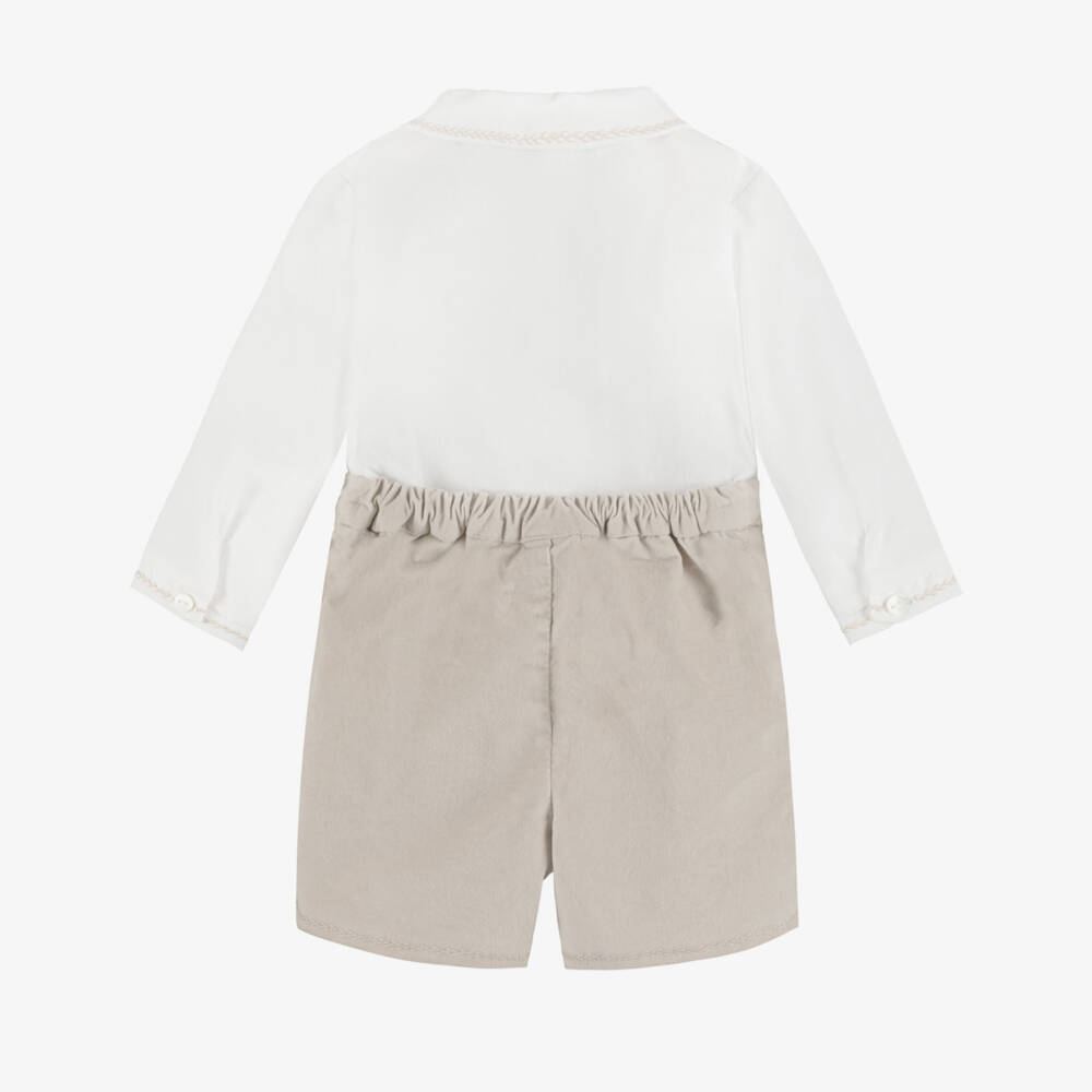 Sarah Louise-Boys Ivory & Beige Cotton & Velvet Buster Suit | Childrensalon Outlet