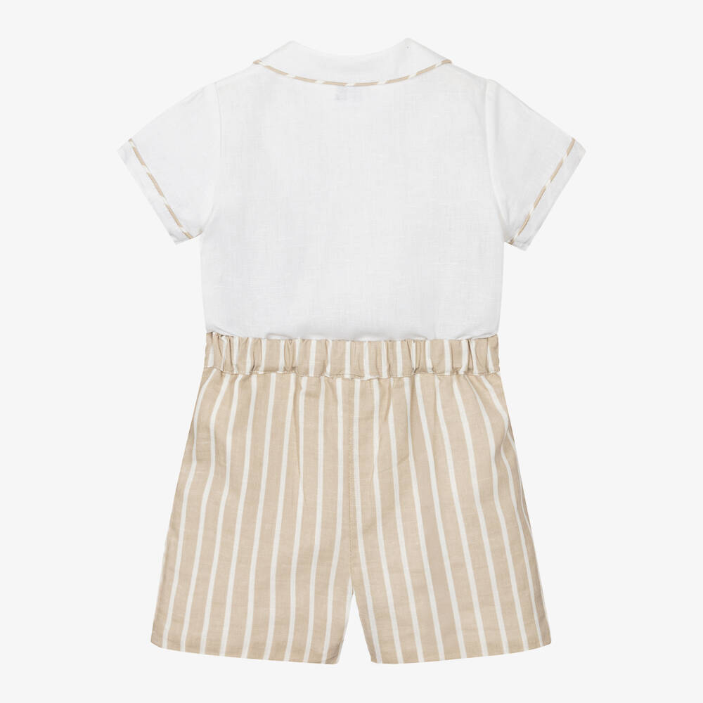 Sarah Louise-Boys Ivory & Beige Linen Striped Set | Childrensalon Outlet