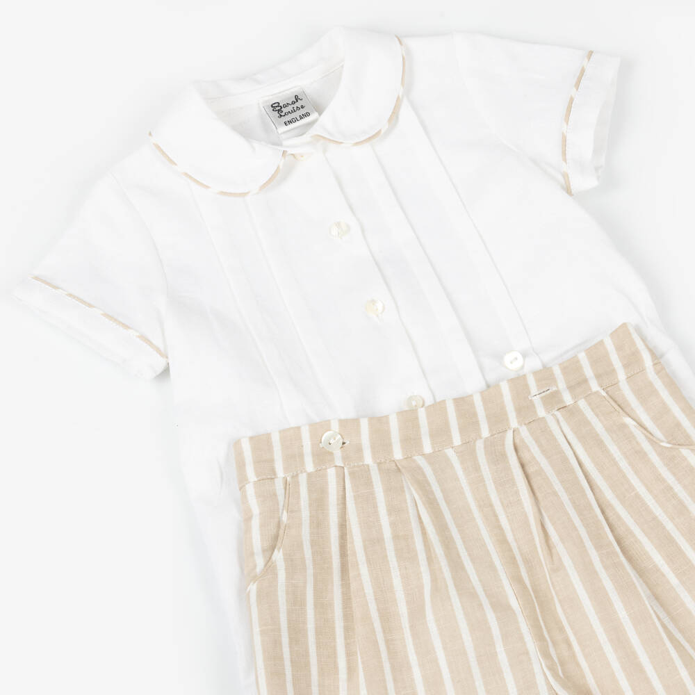Sarah Louise-Boys Ivory & Beige Linen Striped Set | Childrensalon Outlet