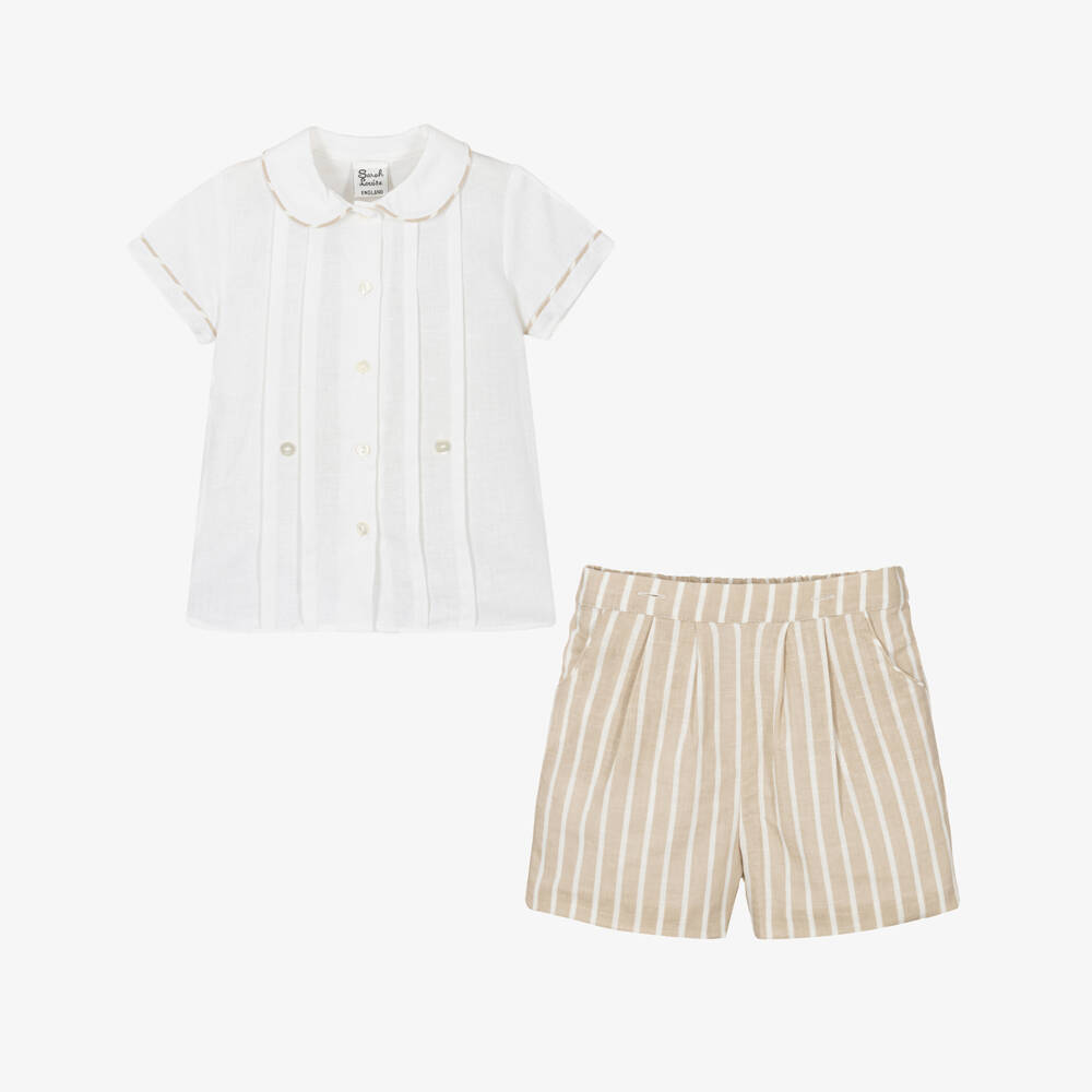 Sarah Louise-Boys Ivory & Beige Linen Striped Set | Childrensalon Outlet