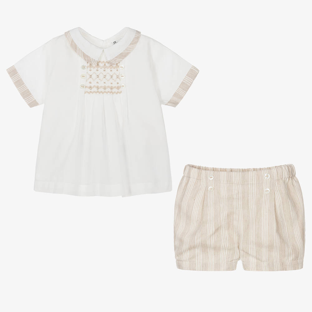 Sarah Louise-Boys Ivory & Beige Stripe Cotton Shorts Set | Childrensalon Outlet