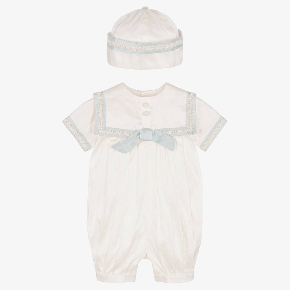 Sarah Louise-Boys Ivory & Blue Silk Babysuit Set | Childrensalon Outlet