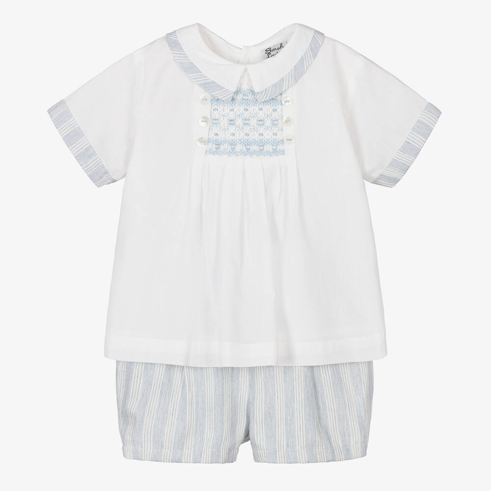 Sarah Louise - Ensemble short coton ivoire et bleu | Childrensalon