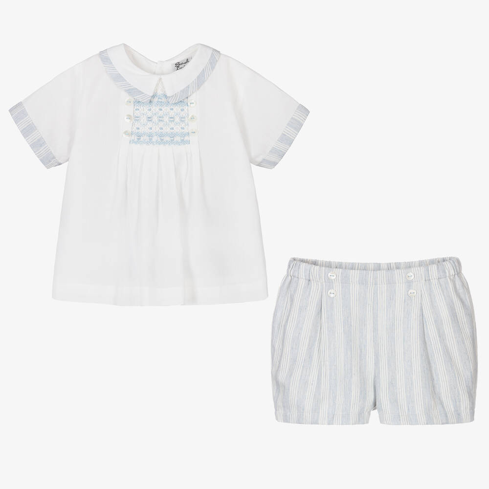 Sarah Louise-Boys Ivory & Blue Stripe Cotton Shorts Set | Childrensalon Outlet