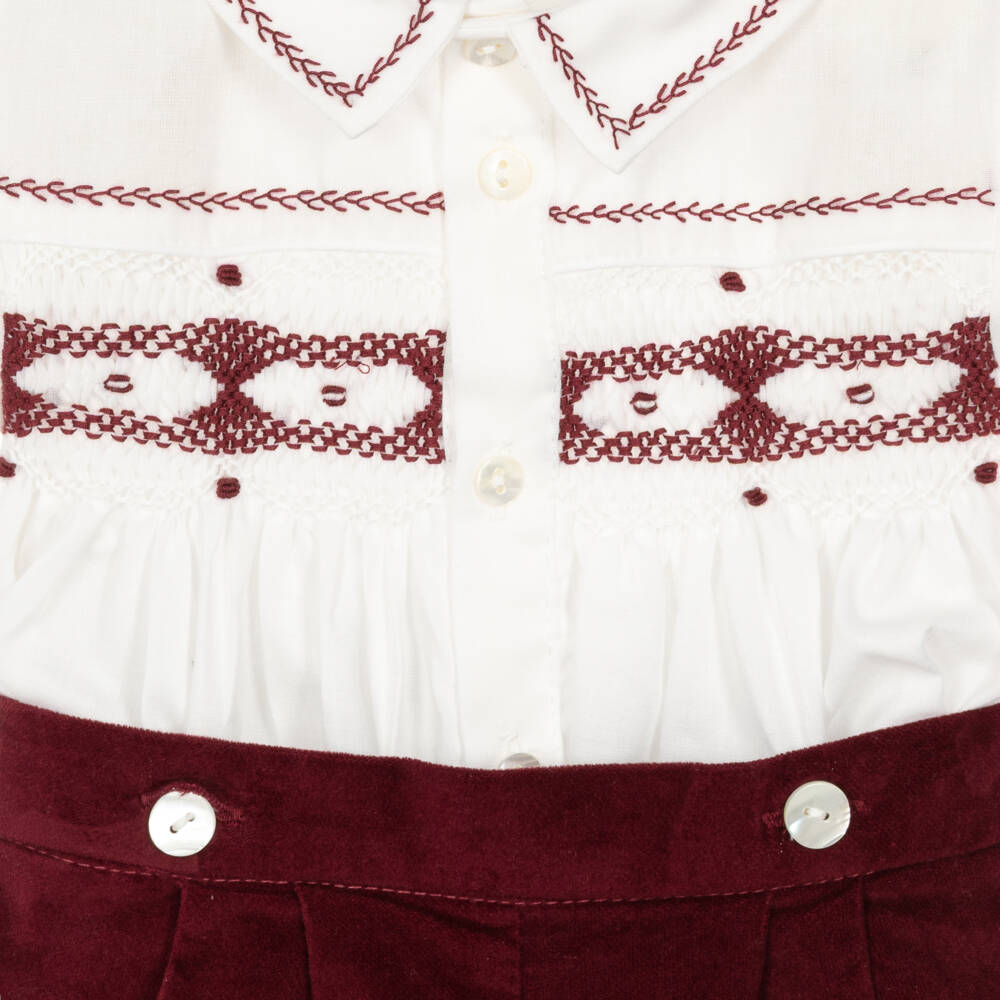 Sarah Louise-Boys Ivory & Burgundy Cotton & Velvet Buster Suit | Childrensalon Outlet