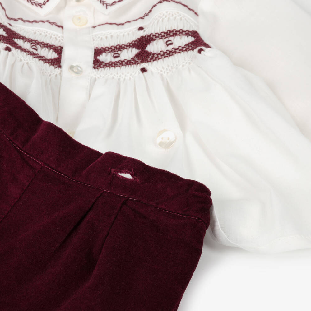 Sarah Louise-Boys Ivory & Burgundy Cotton & Velvet Buster Suit | Childrensalon Outlet