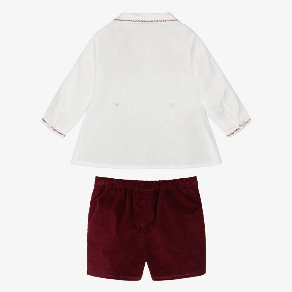 Sarah Louise-Boys Ivory & Burgundy Cotton & Velvet Buster Suit | Childrensalon Outlet