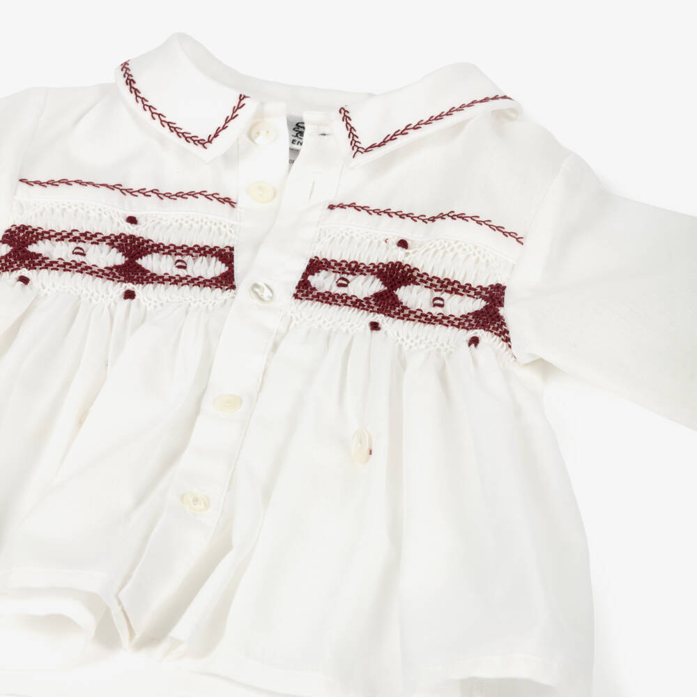 Sarah Louise-Boys Ivory & Burgundy Cotton & Velvet Buster Suit | Childrensalon Outlet