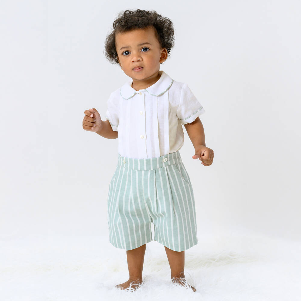 Sarah Louise-Boys Ivory & Sage Striped Linen Set | Childrensalon Outlet