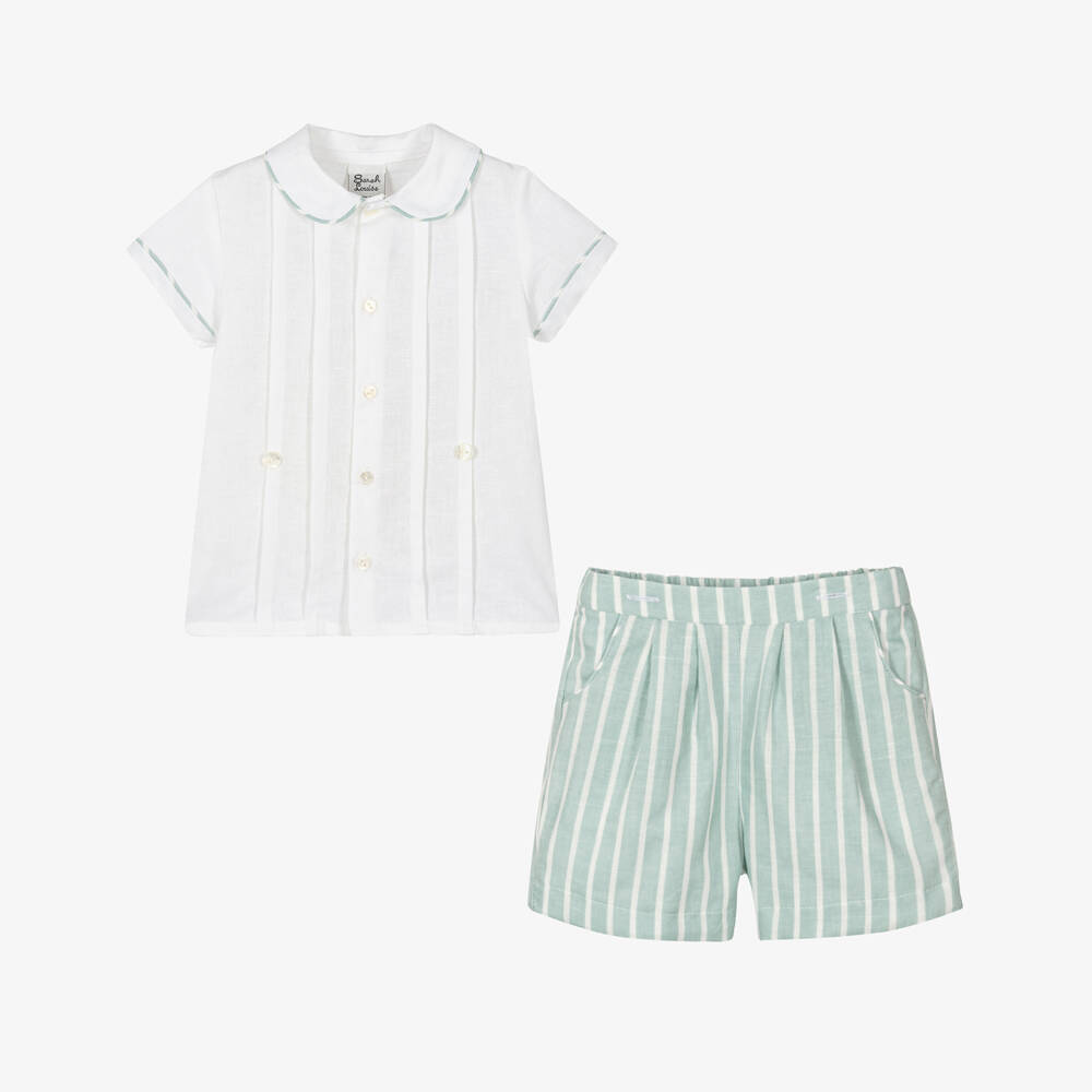 Sarah Louise-Boys Ivory & Sage Striped Linen Set | Childrensalon Outlet