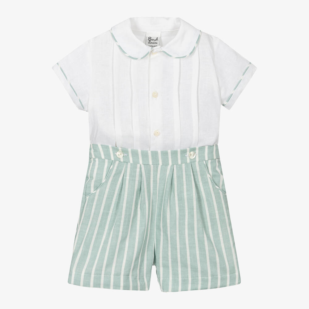 Sarah Louise-Boys Ivory & Sage Striped Linen Set | Childrensalon Outlet