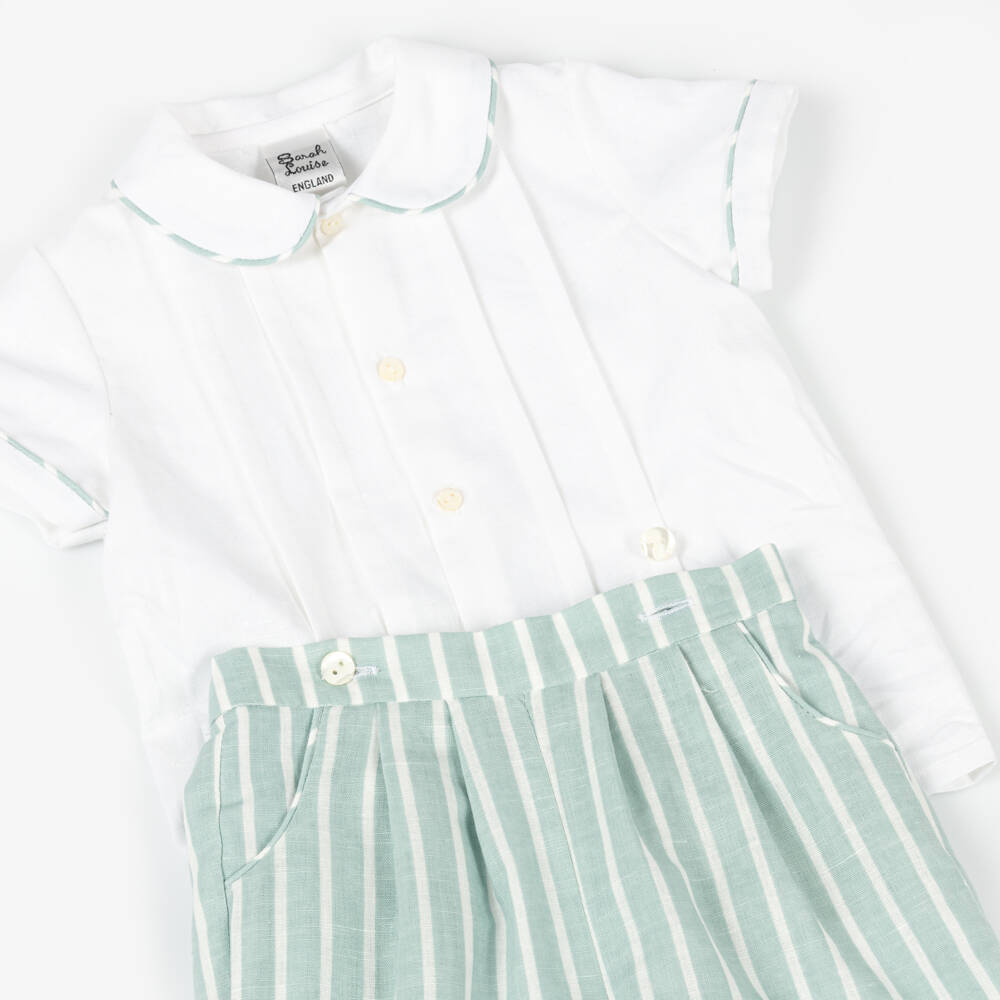 Sarah Louise-Boys Ivory & Sage Striped Linen Set | Childrensalon Outlet