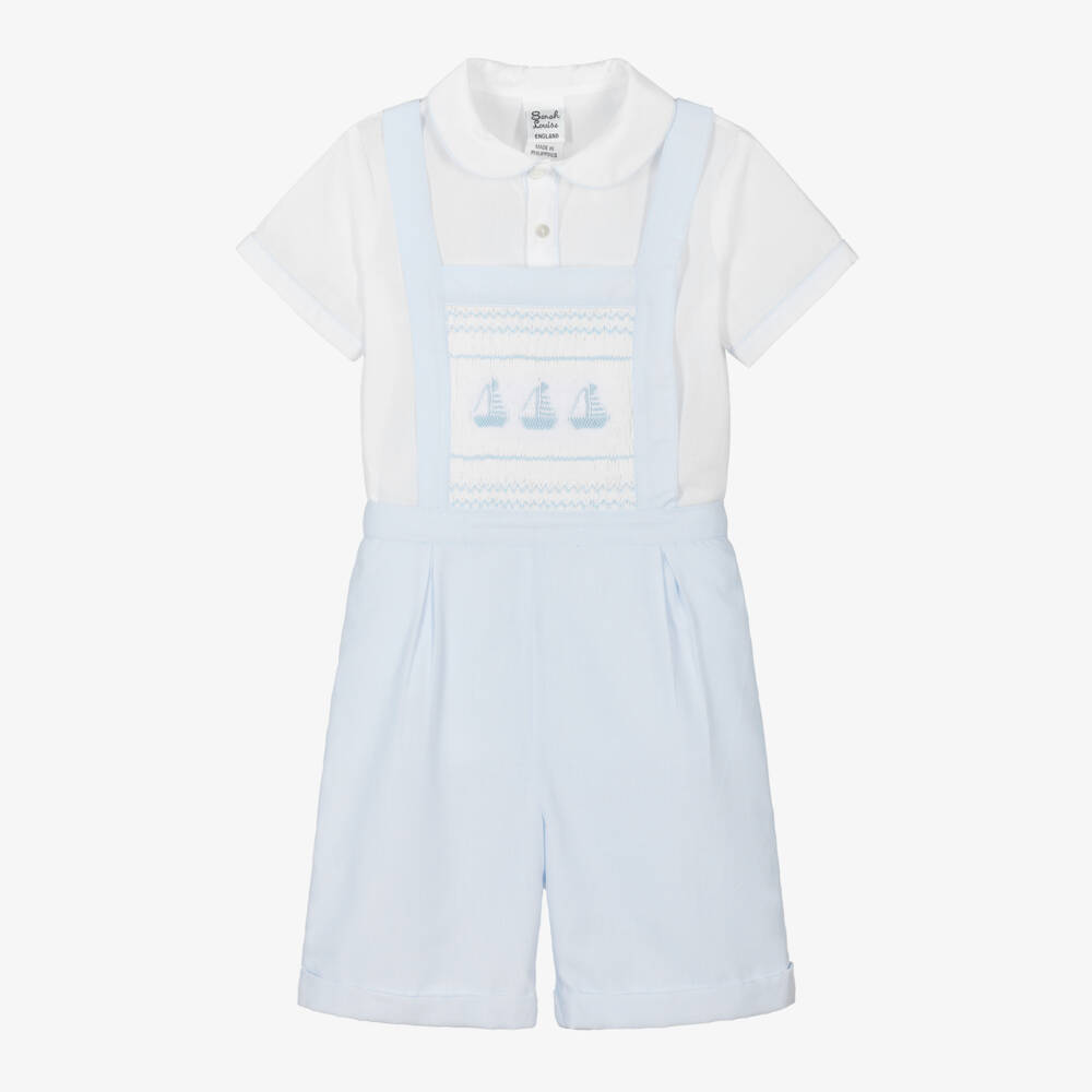 Sarah Louise-Boys Pale Blue Smocked Dungaree Shorts Set | Childrensalon Outlet