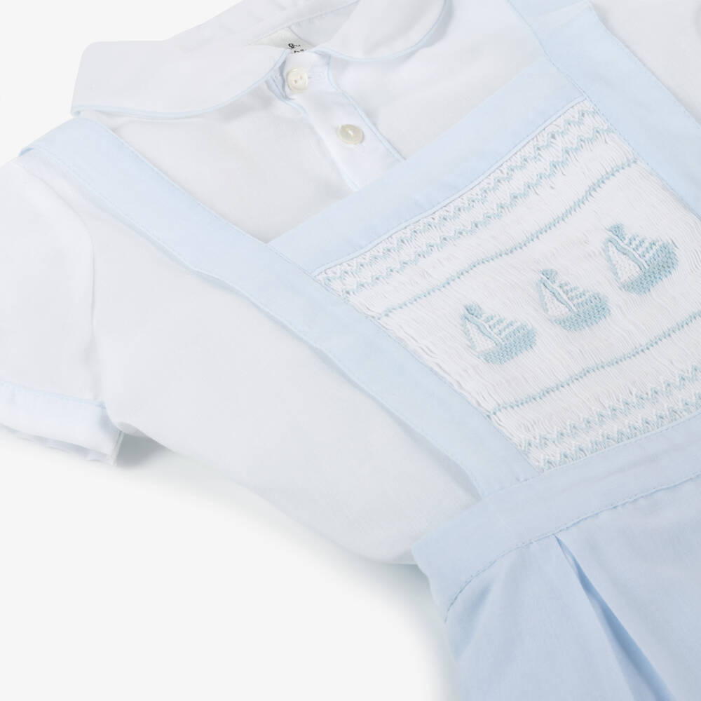 Sarah Louise-Boys Pale Blue Smocked Dungaree Shorts Set | Childrensalon Outlet