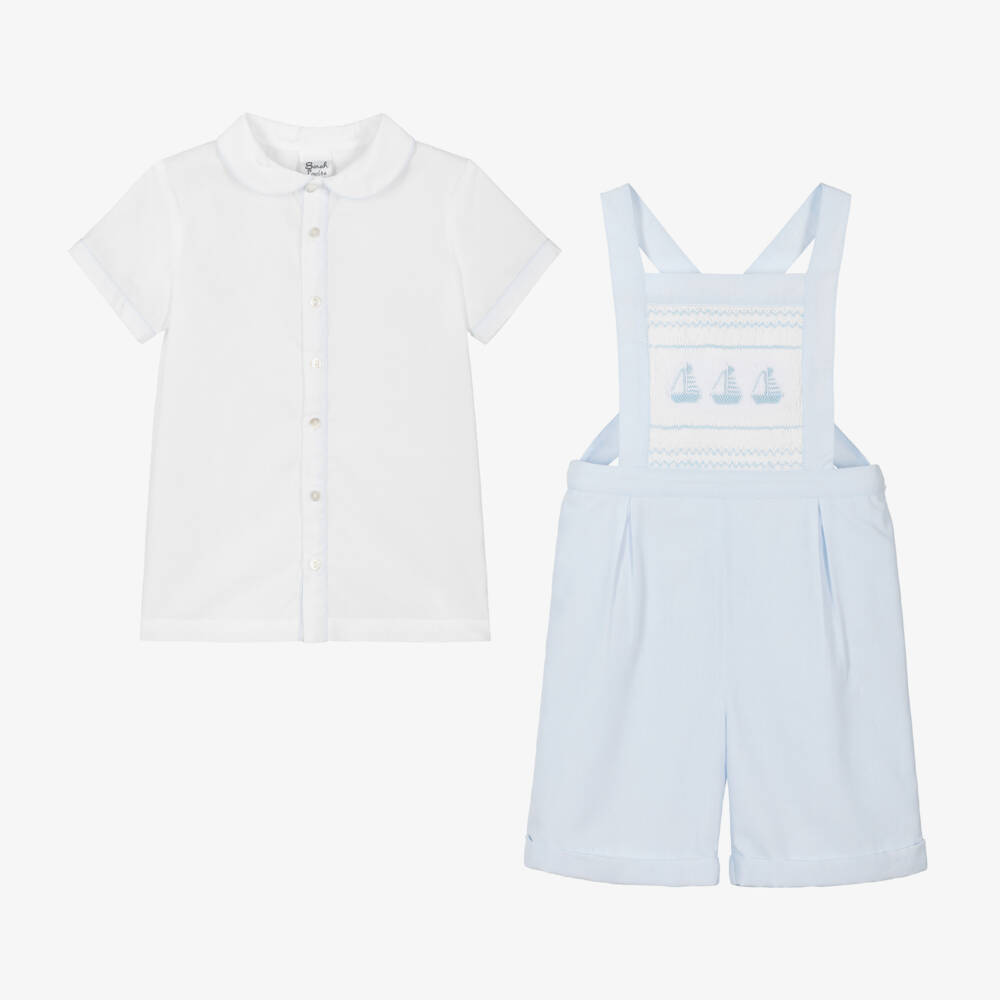 Sarah Louise-Boys Pale Blue Smocked Dungaree Shorts Set | Childrensalon Outlet
