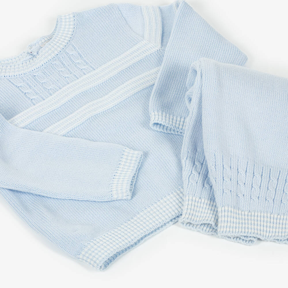 Sarah Louise-Boys Pale Blue & White Stripe Cotton Knit Trouser Set | Childrensalon Outlet