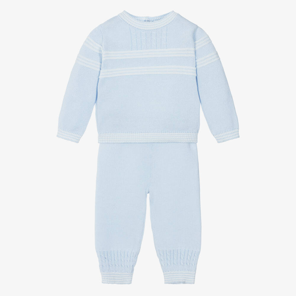 Sarah Louise-Boys Pale Blue & White Stripe Cotton Knit Trouser Set | Childrensalon Outlet