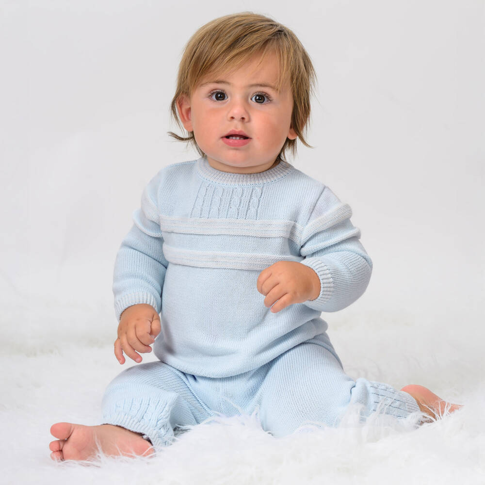 Sarah Louise-Boys Pale Blue & White Stripe Cotton Knit Trouser Set | Childrensalon Outlet