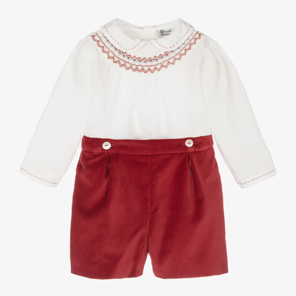 Sarah Louise-Boys Velvet Red Smocked Suit | Childrensalon Outlet