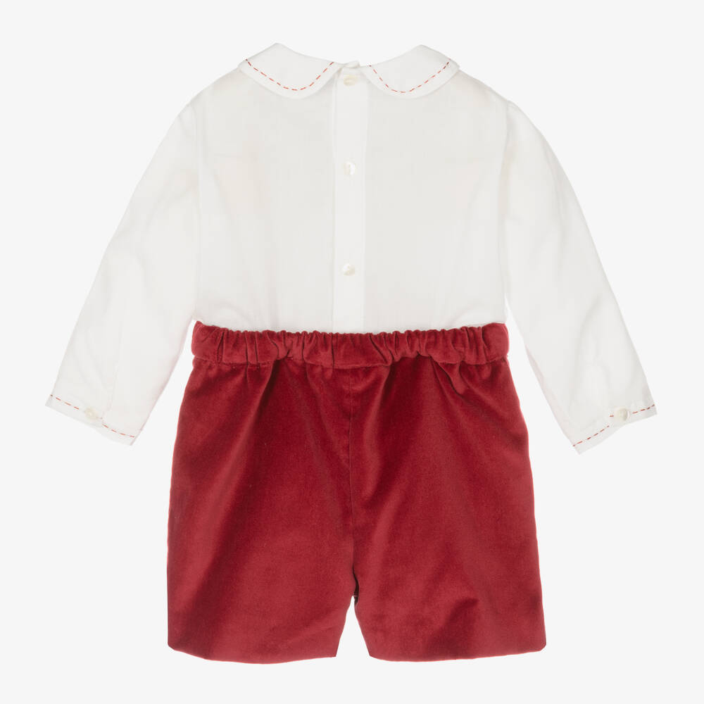 سارا لويز-بدلة رسمية تطريز سموك مخمل لون أحمر وعاجي للمواليد | Childrensalon Outlet