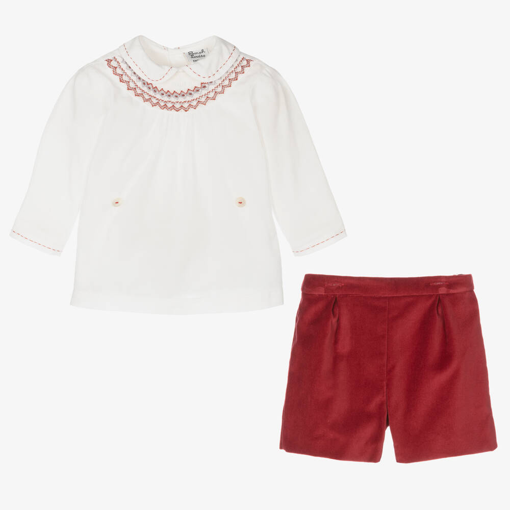 سارا لويز-بدلة رسمية تطريز سموك مخمل لون أحمر وعاجي للمواليد | Childrensalon Outlet