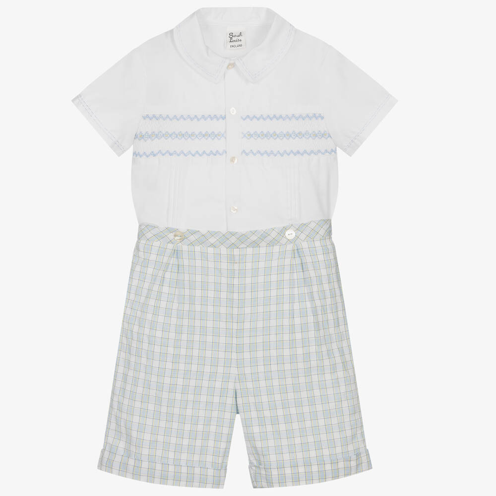Sarah Louise-Boys White & Blue Buster Suit | Childrensalon Outlet