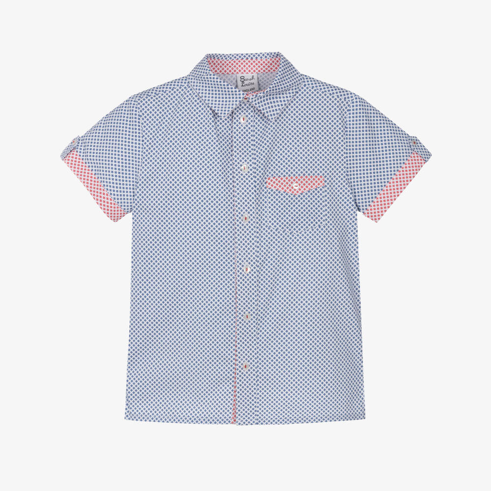 Sarah Louise-Boys White & Blue Cotton Shirt with Contrasting Trim | Childrensalon Outlet