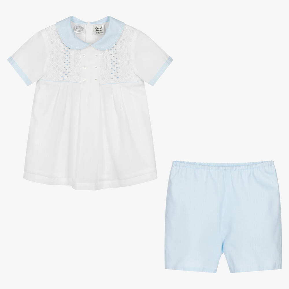Sarah Louise-Boys White & Blue Shorts Set | Childrensalon Outlet