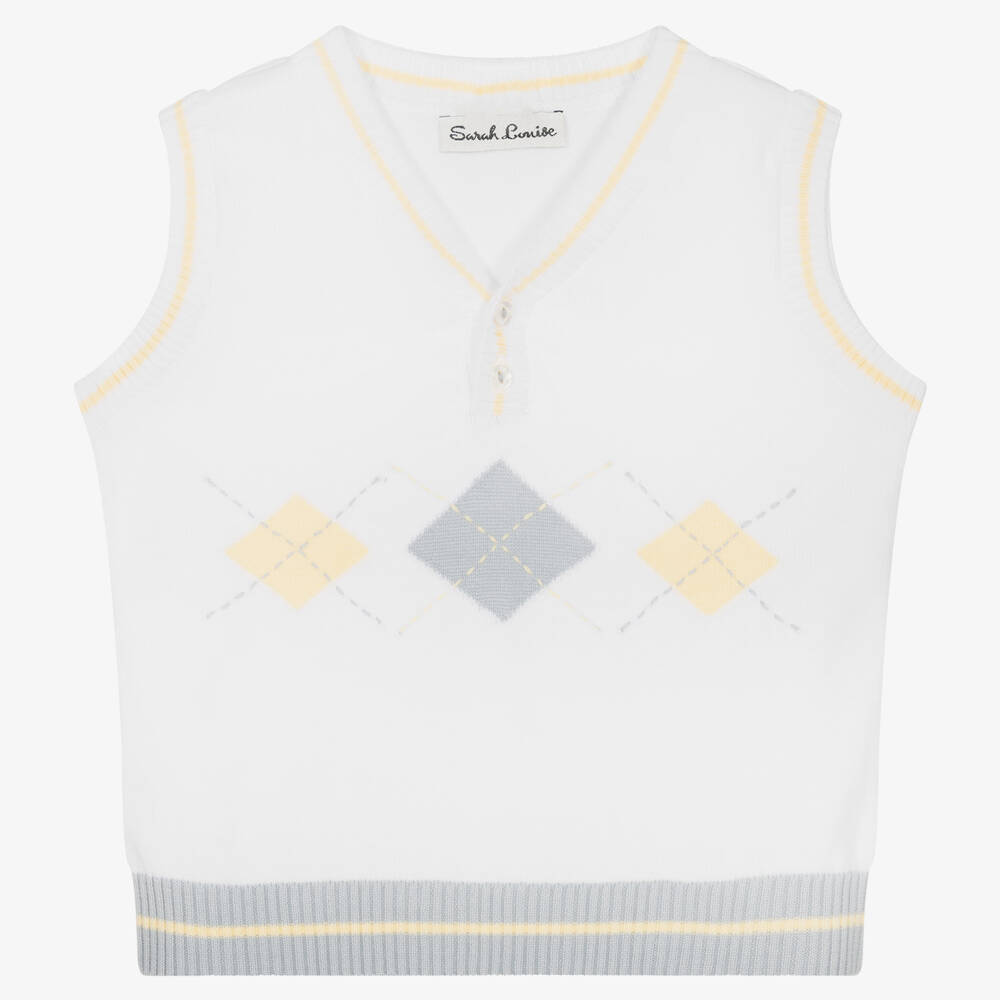 Boys White Cotton Argyle Sweater Vest