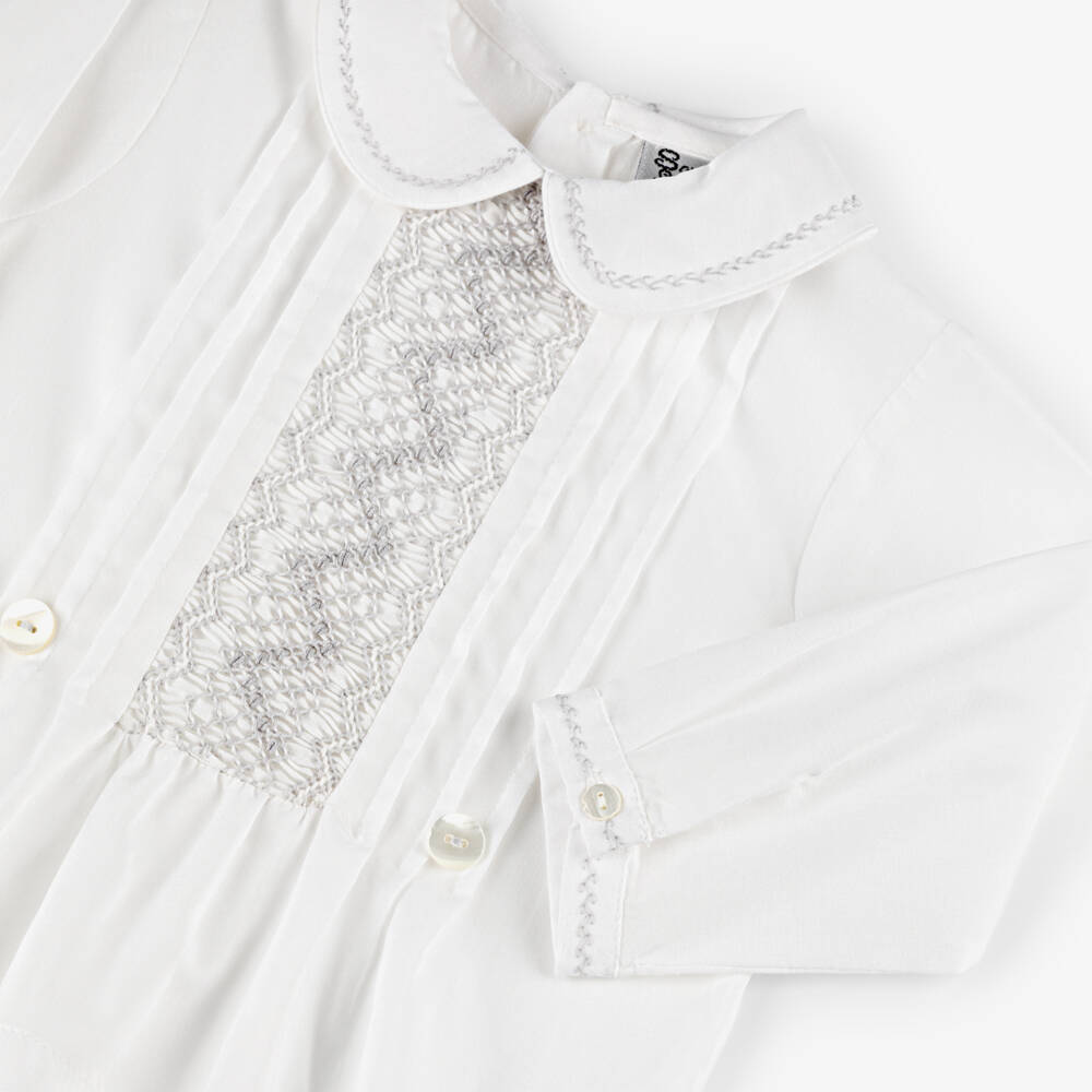 Sarah Louise-Boys White & Grey Cotton Hand-Smocked Buster Suit | Childrensalon Outlet