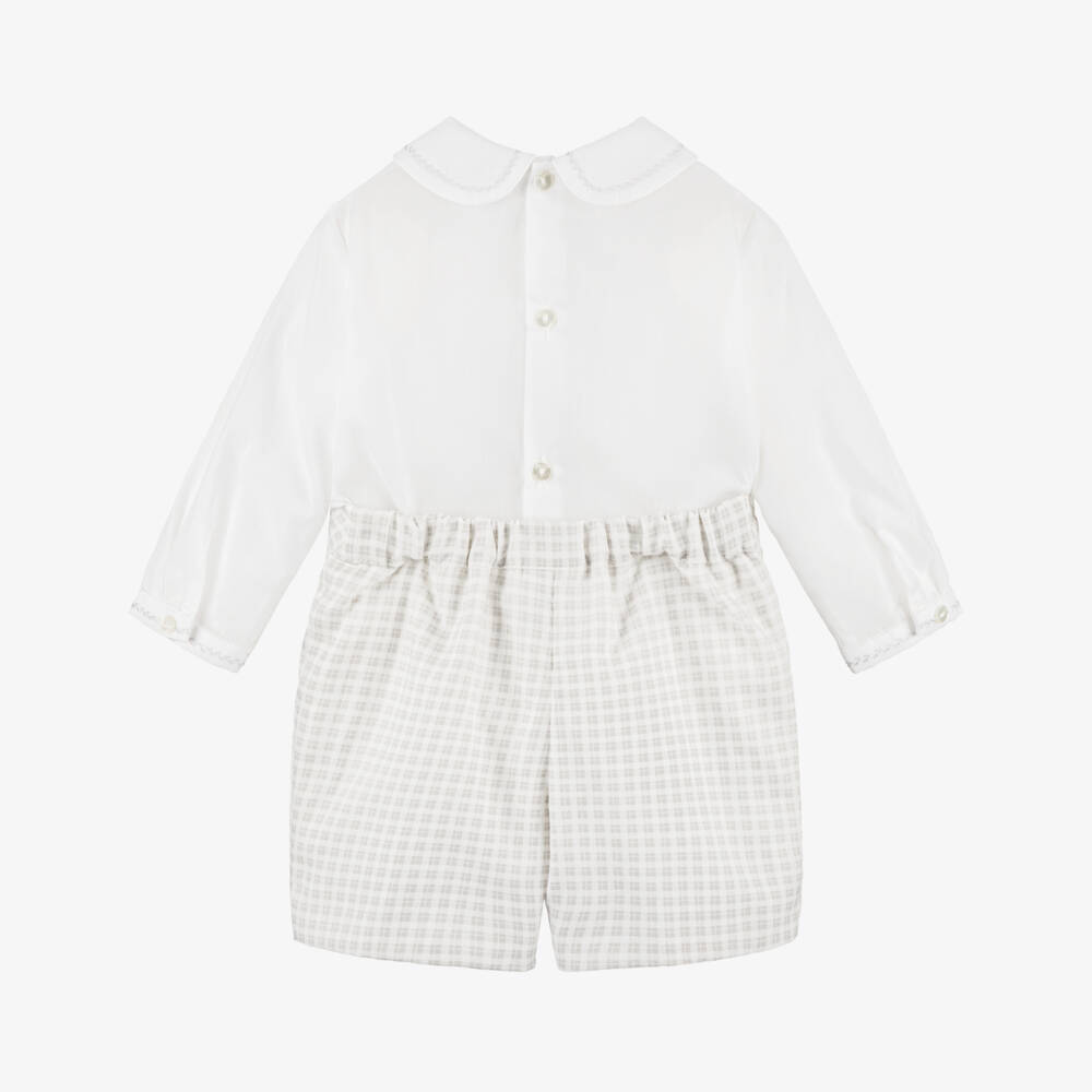 Sarah Louise-Boys White & Grey Cotton Hand-Smocked Buster Suit | Childrensalon Outlet