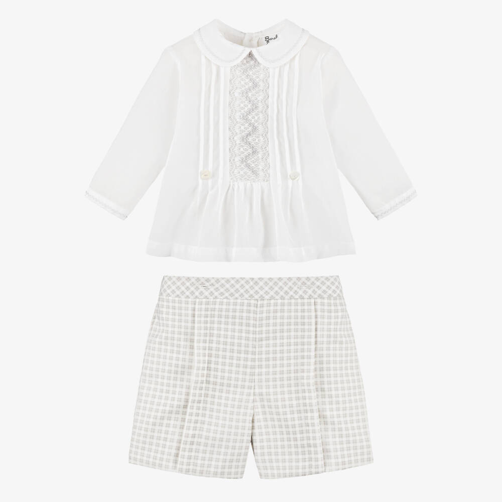 Sarah Louise-Boys White & Grey Cotton Hand-Smocked Buster Suit | Childrensalon Outlet