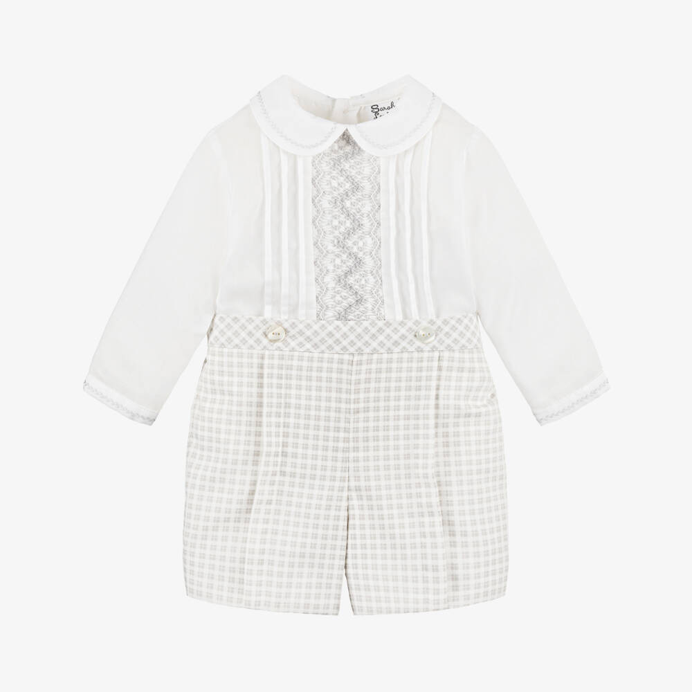 Sarah Louise-Boys White & Grey Cotton Hand-Smocked Buster Suit | Childrensalon Outlet