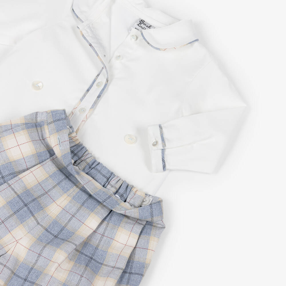 سارا لويز-Boys White & Pale Blue Check Cotton Buster Suit | Childrensalon Outlet